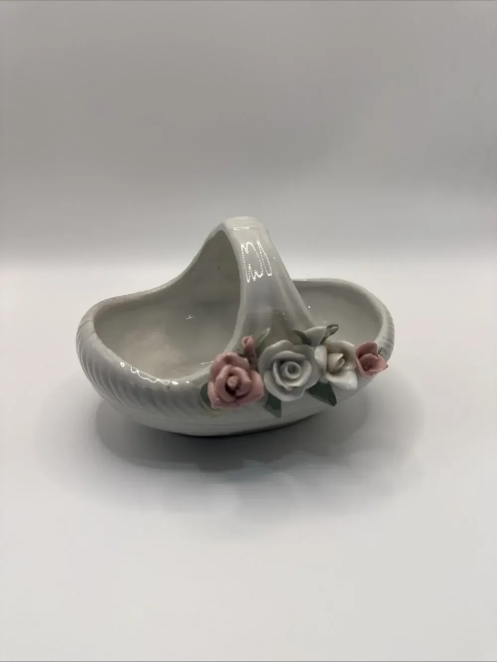 White Porcelain Basket with Pink & White Roses 5”